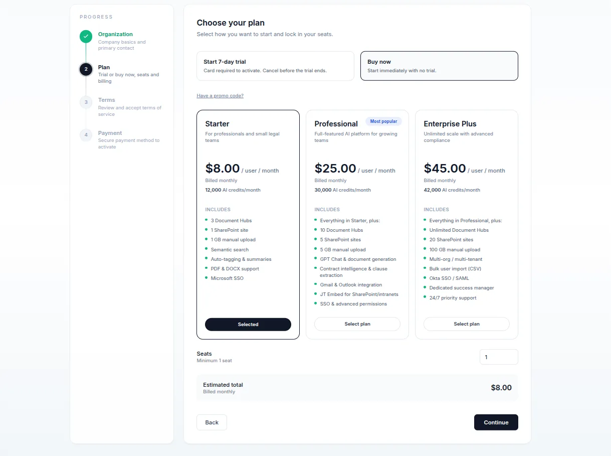 Guided onboarding with plan selection and promo codes.