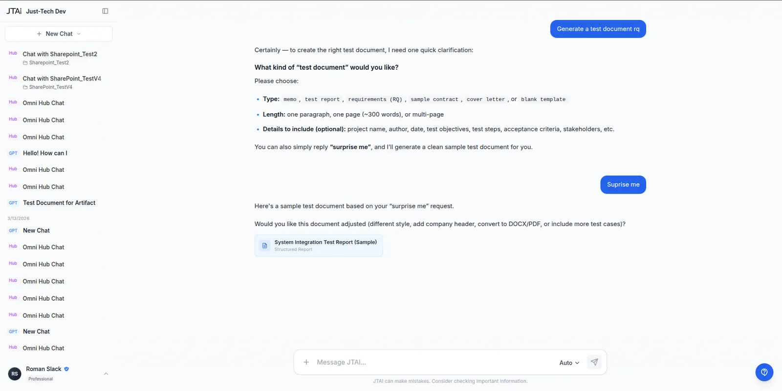 The AI chat workspace with model selection and tools.