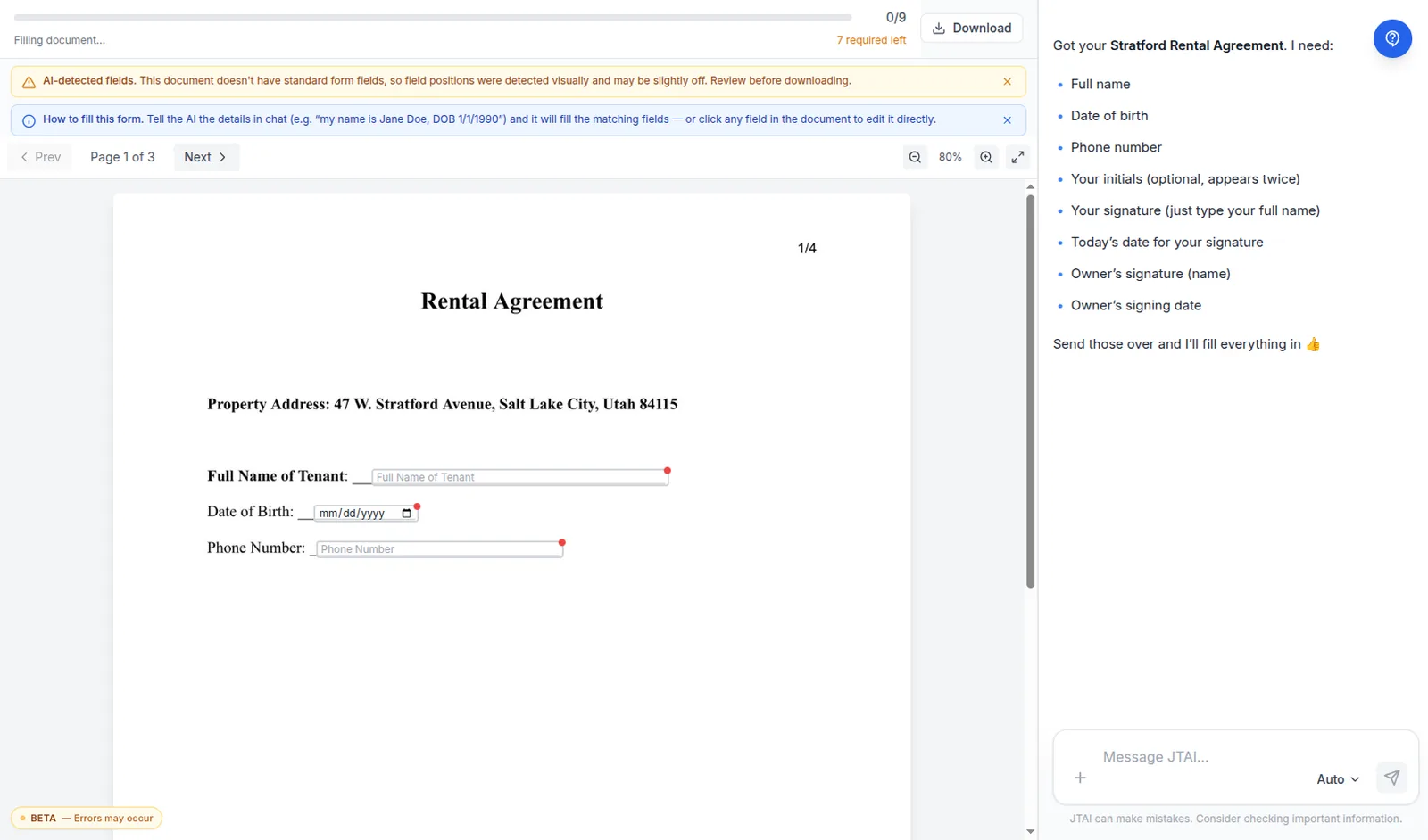 Upload a form and AI detects and helps fill the fields.