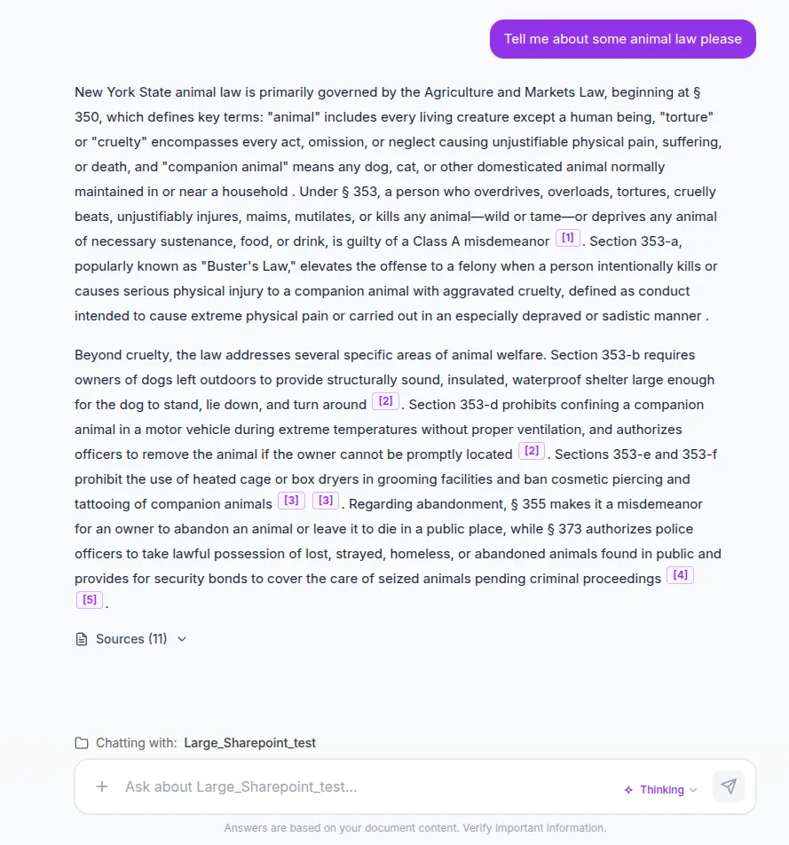 A JTAI hub chat answer with inline citation chips and a sources list