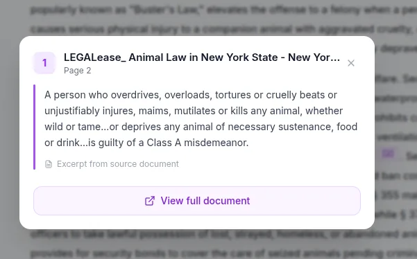 Every citation links to the source, page, and exact quote.