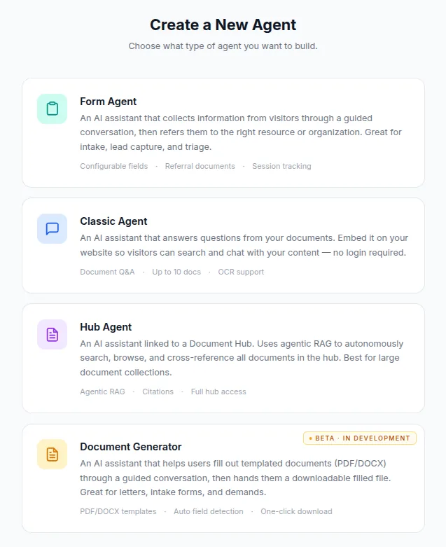 Choose from four agent types when creating a new agent.