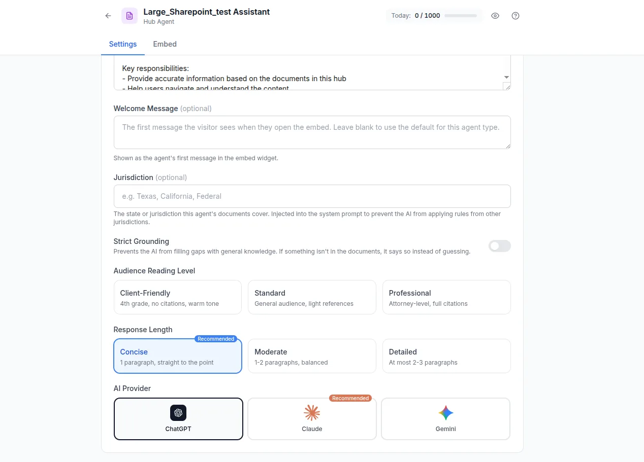 Configure the agent's prompt, provider, and grounding.