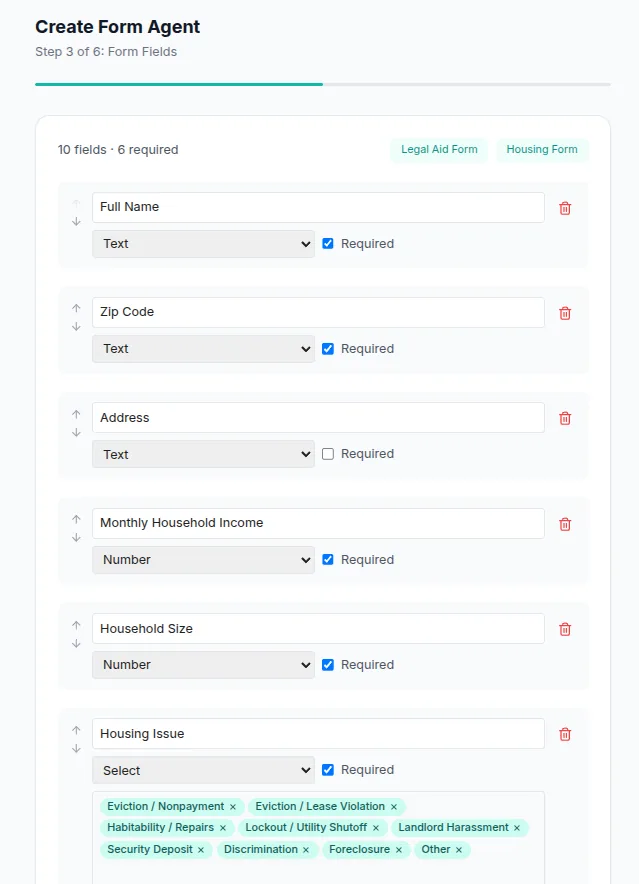 The build wizard: defining intake fields for a Form Agent.