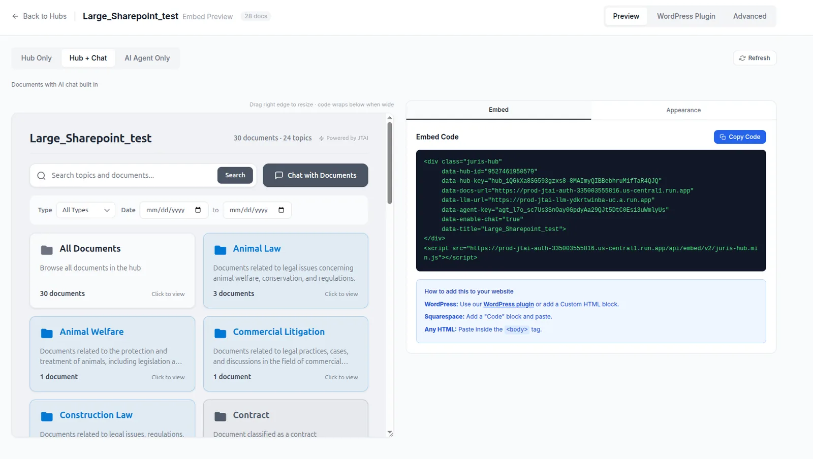 The JTAI embed screen showing the embed code and how to add it to a website