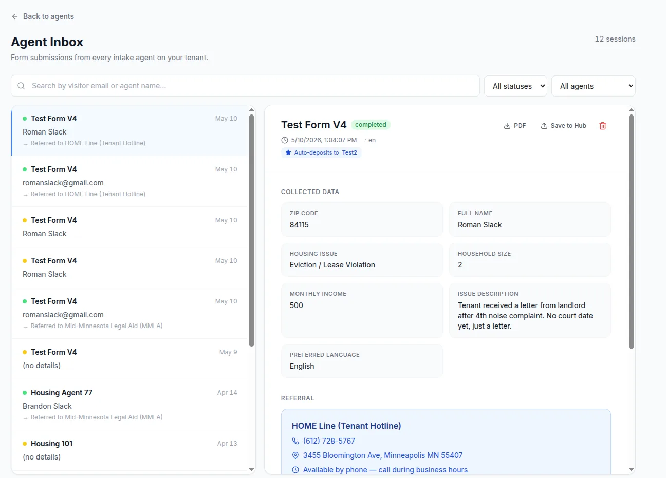 The JTAI agent inbox showing structured intake submissions and referrals