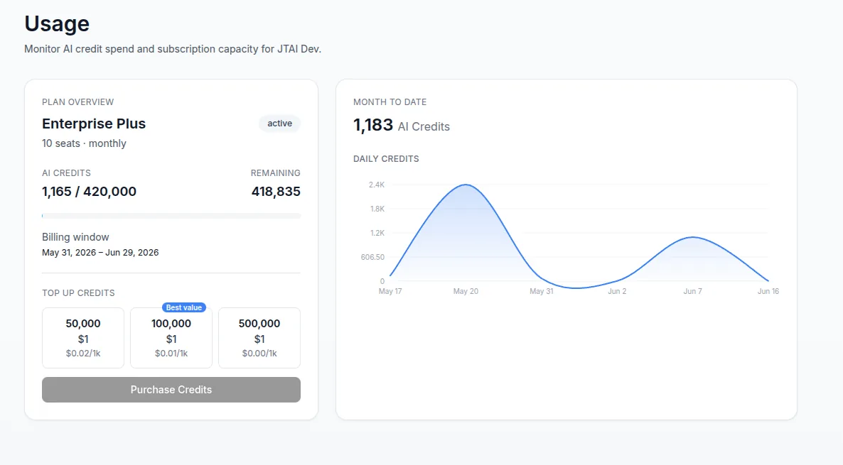 Track AI-credit usage for individuals and the whole team.