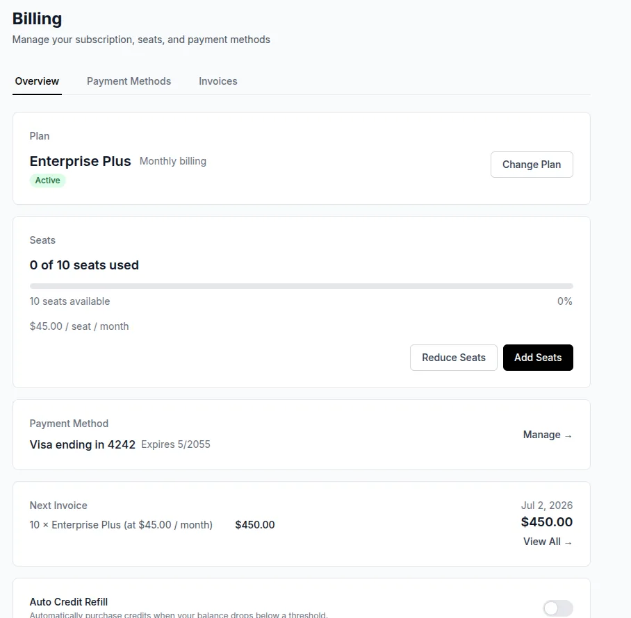 Manage your subscription, seats, and payment methods.