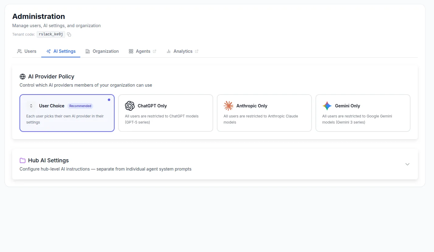 Set the organization's AI provider policy.